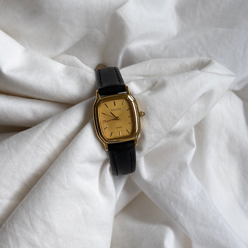 90s Seiko Exceline Gold Rectangular Leather Watch