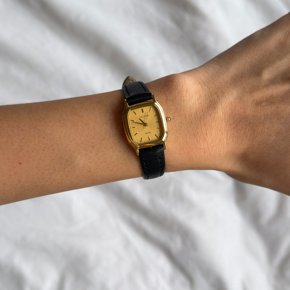 90s Seiko Exceline Gold Rectangular Leather Watch
