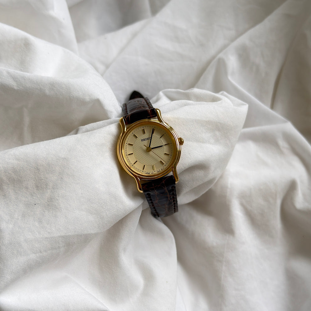 90s Seiko Gold Round Leather Watch