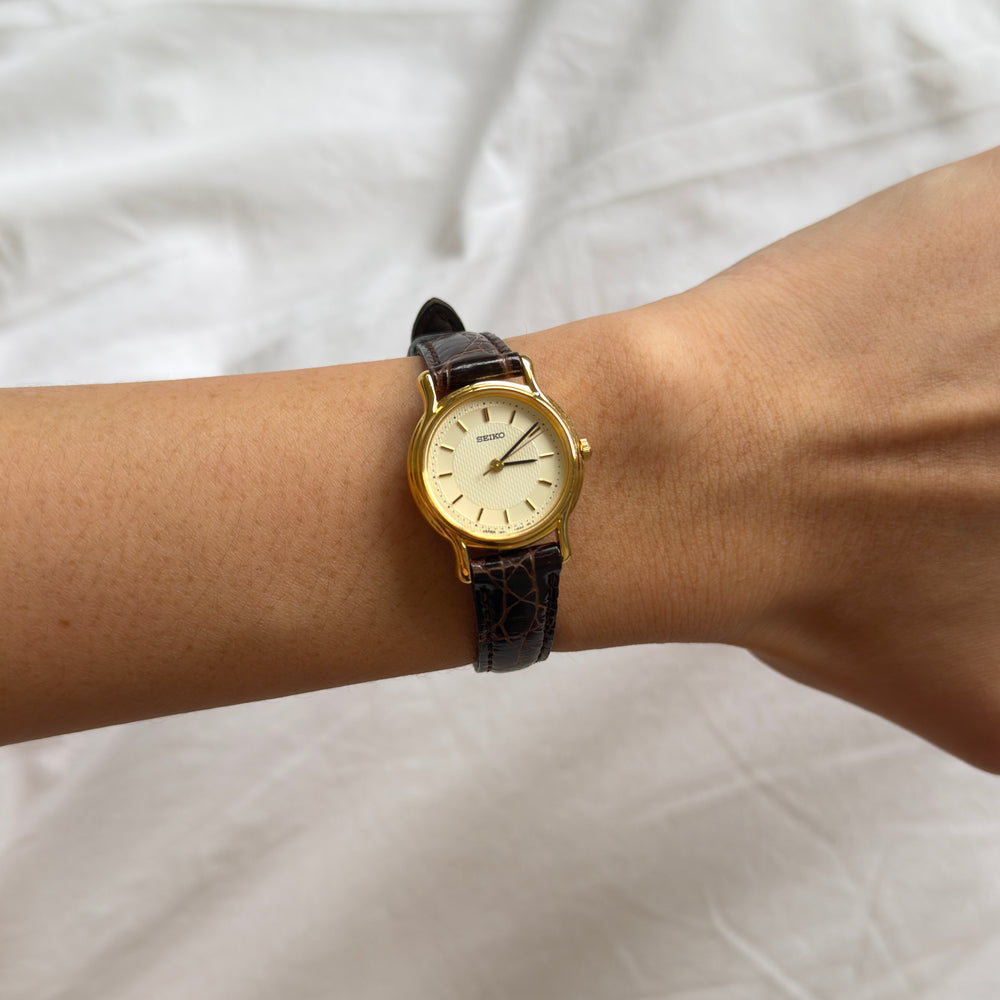 90s Seiko Gold Round Leather Watch