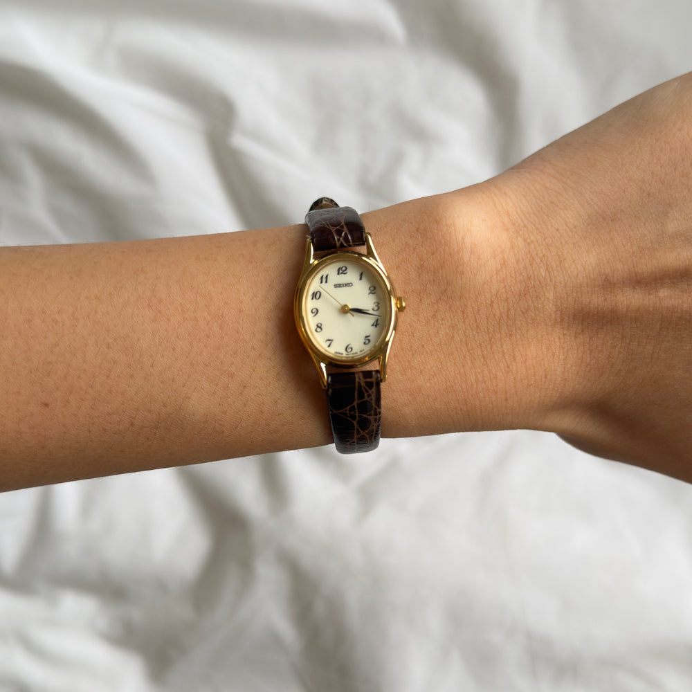 90s Seiko Oval Gold Leather Watch