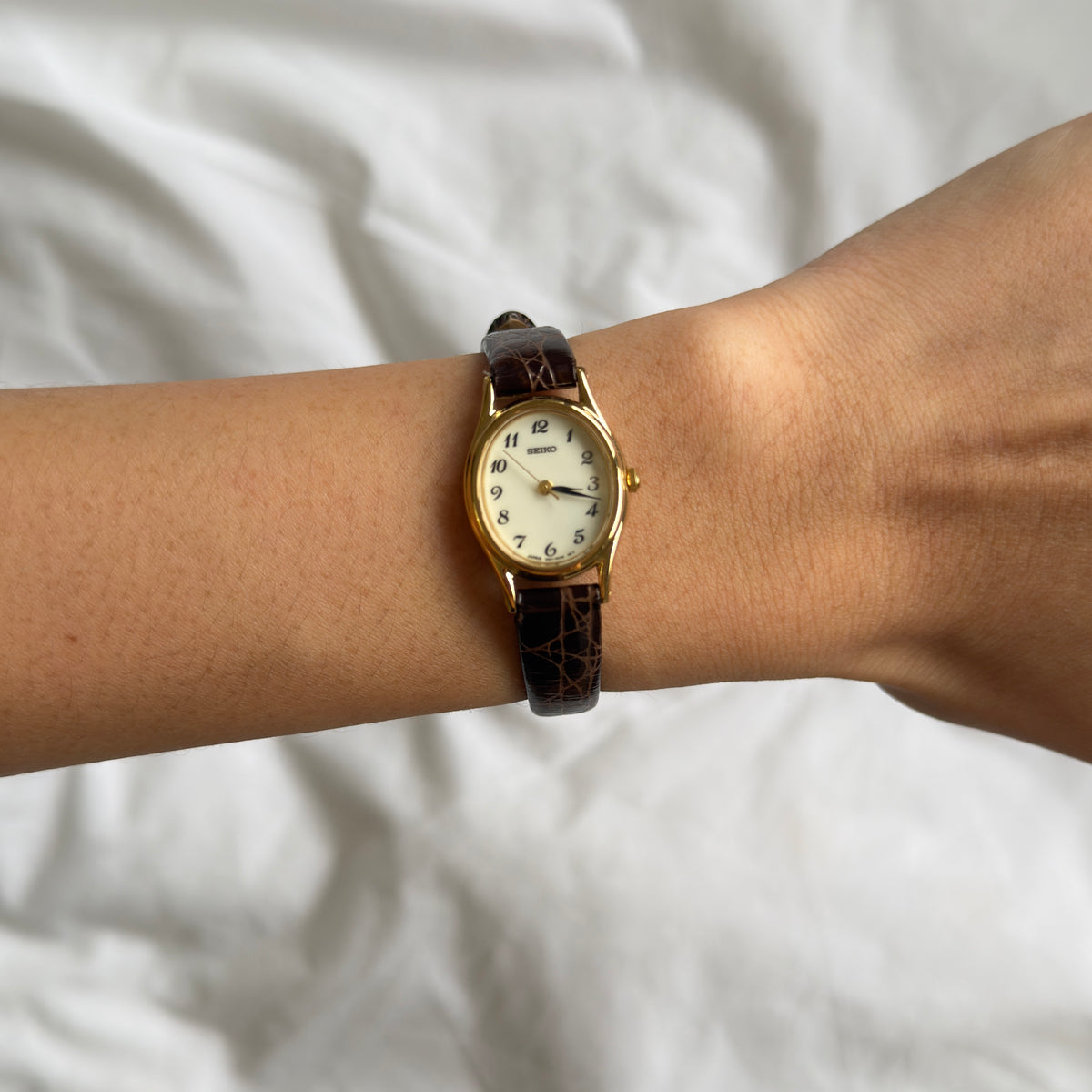 90s Seiko Oval Gold Leather Watch