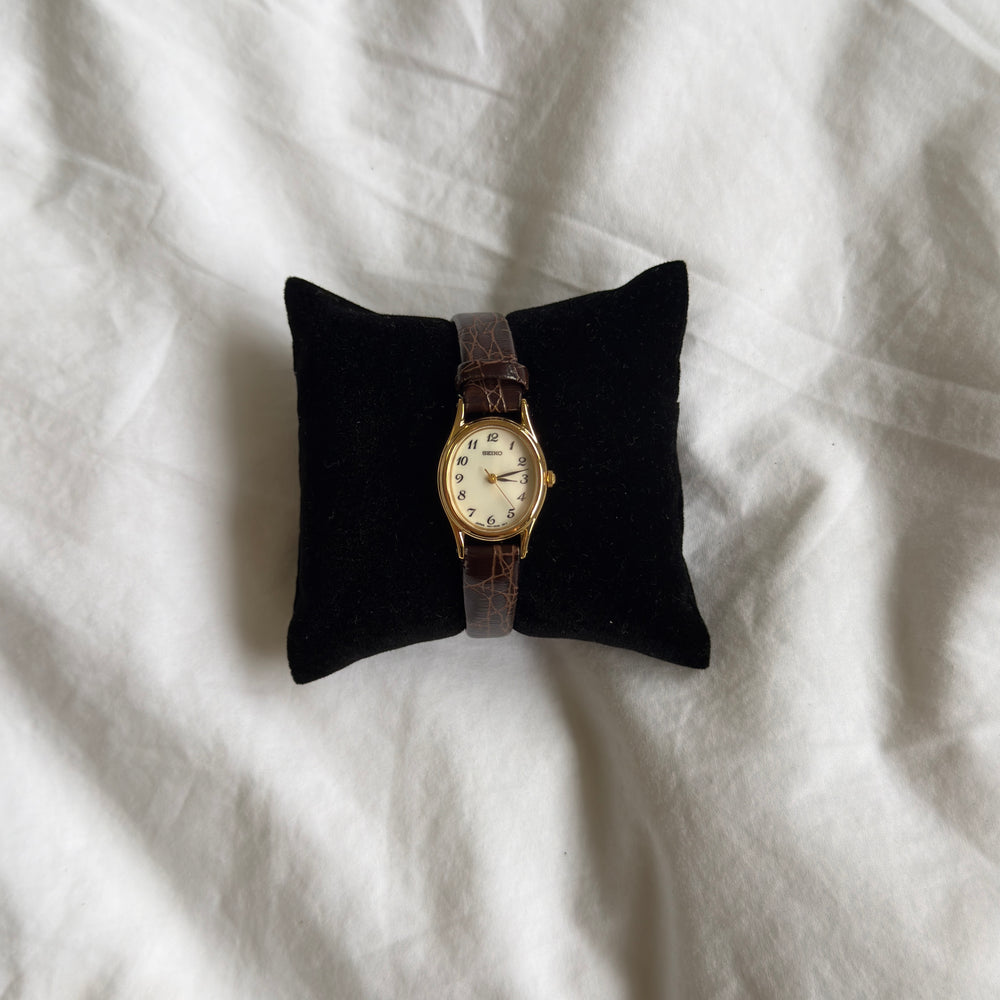 90s Seiko Oval Gold Leather Watch