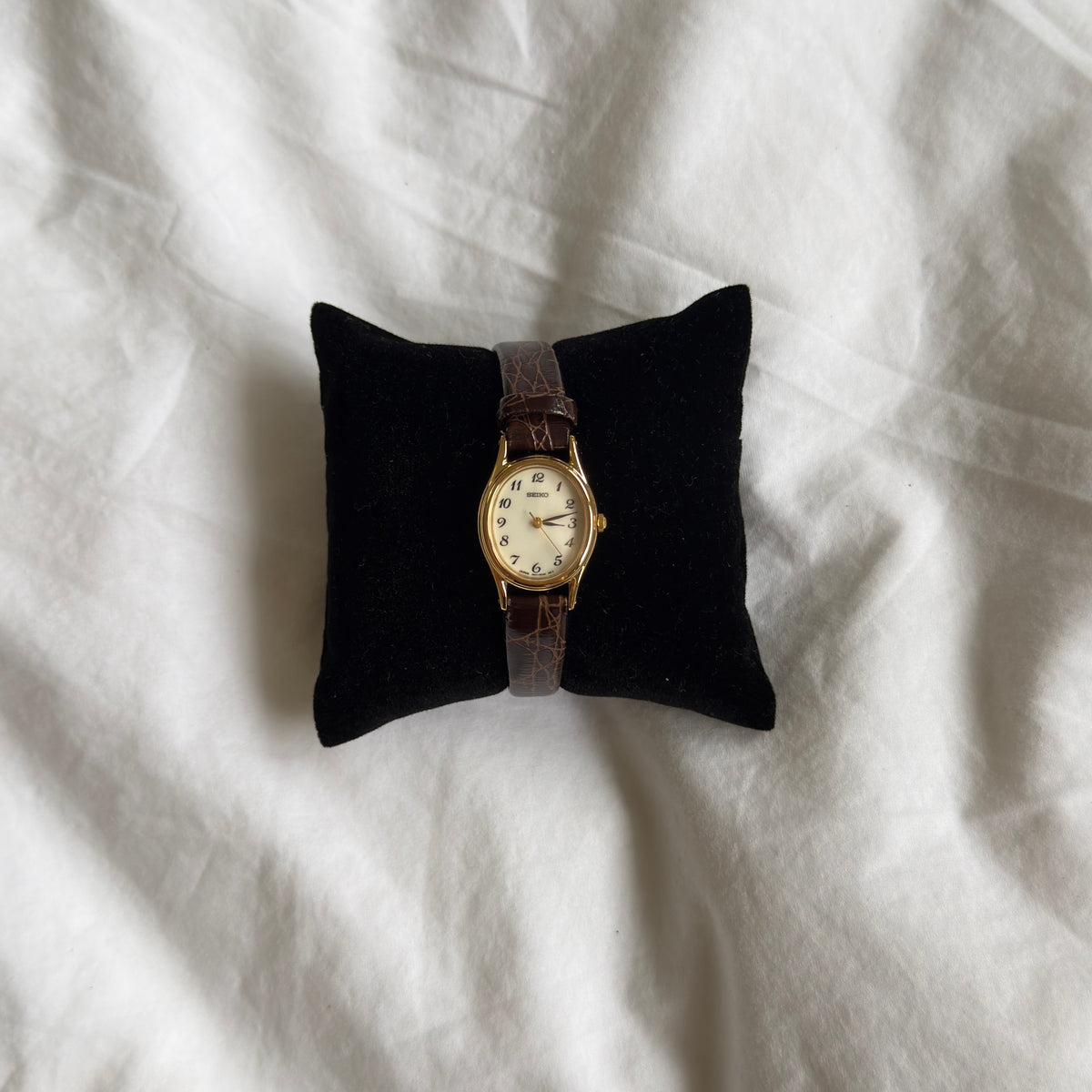 90s Seiko Oval Gold Leather Watch
