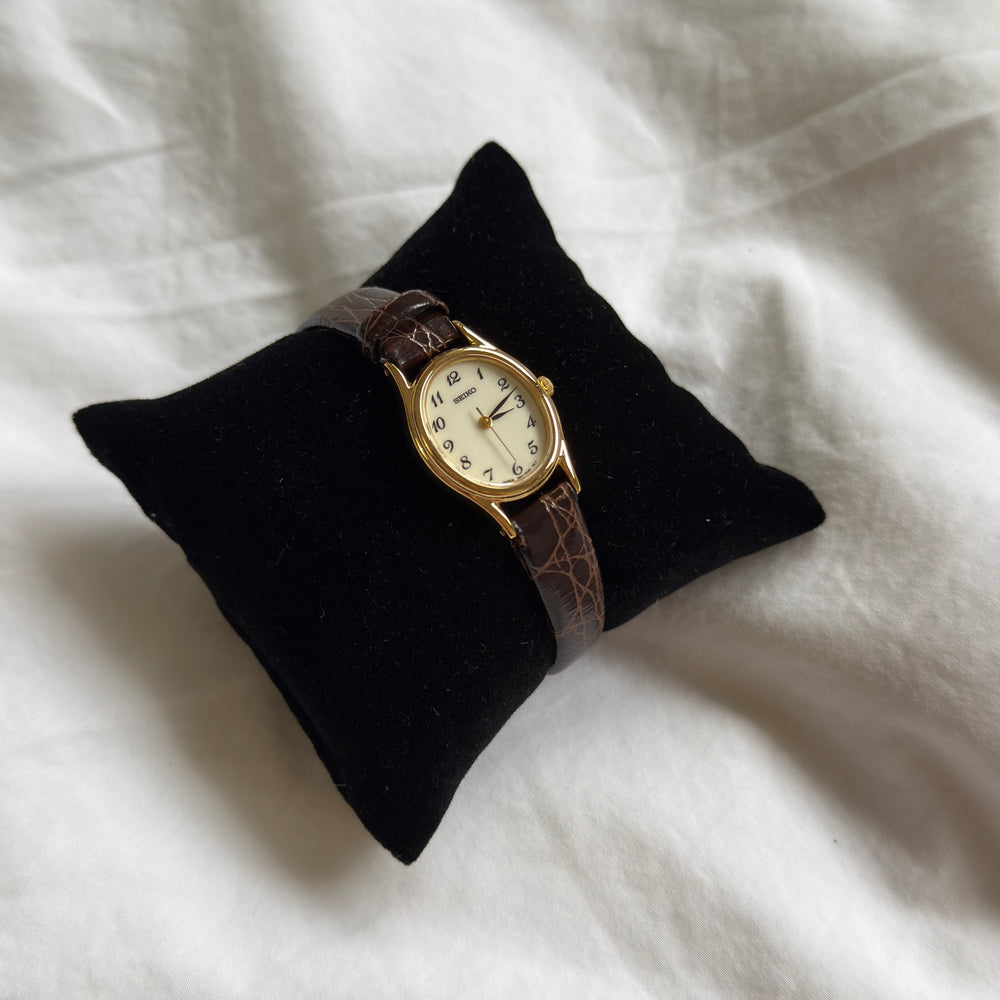90s Seiko Oval Gold Leather Watch