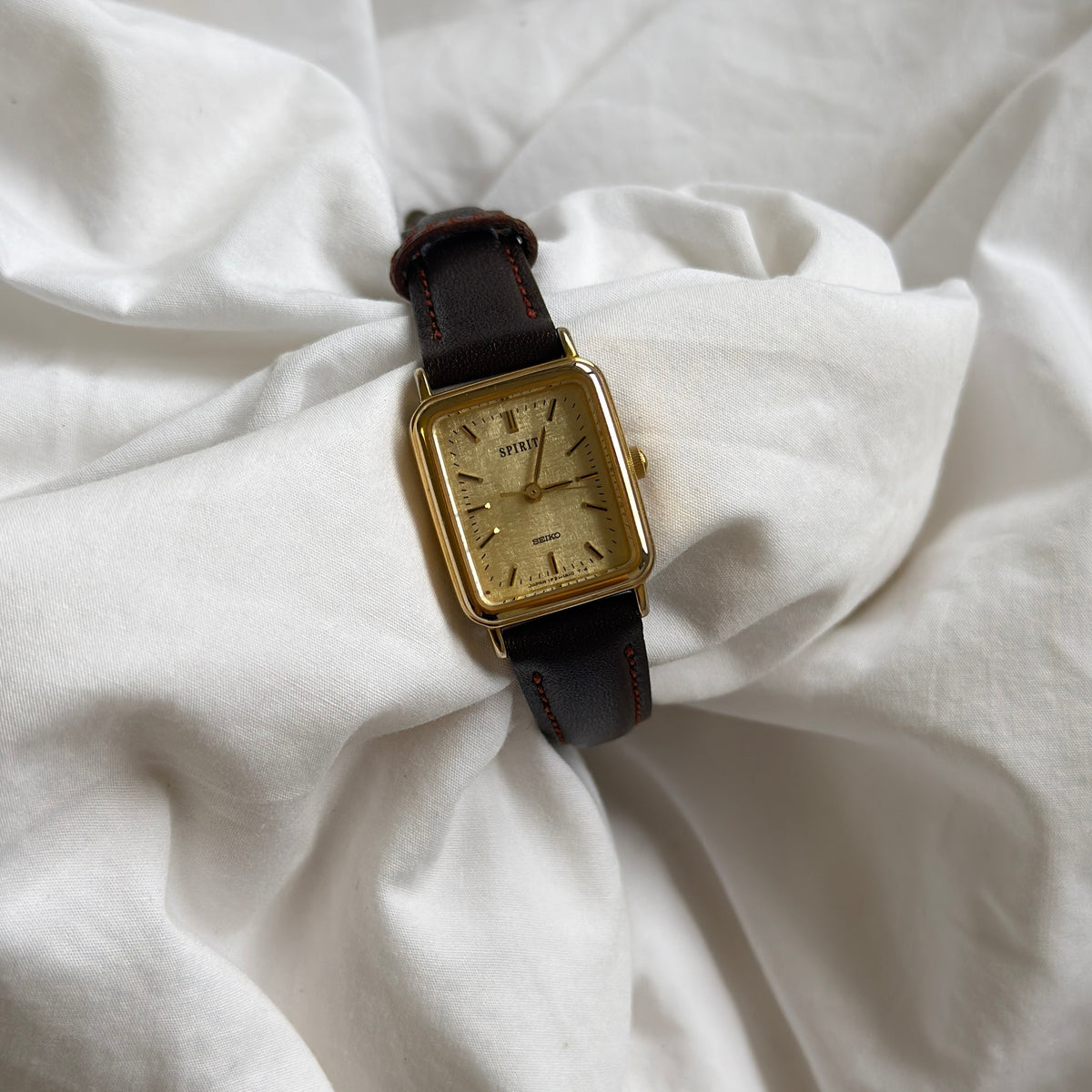 90s Seiko Spirit Gold Rectangular Brown Leather Watch