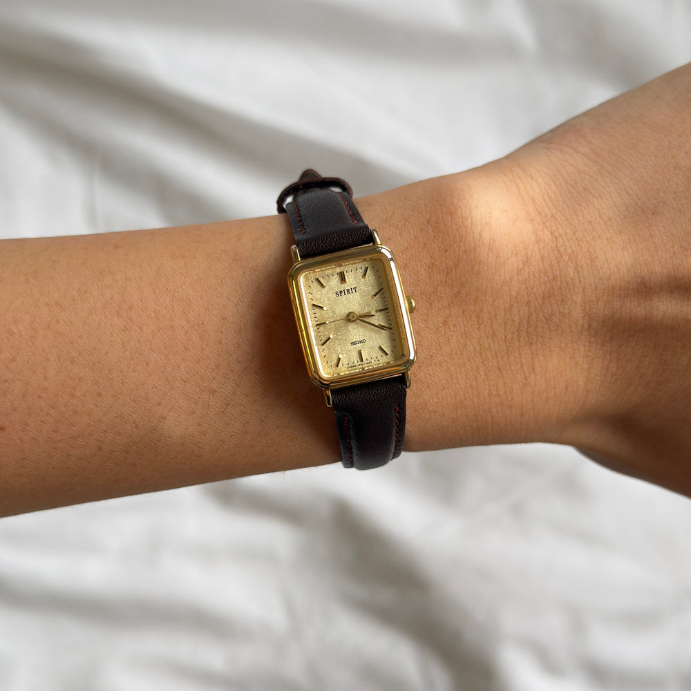 90s Seiko Spirit Gold Rectangular Brown Leather Watch