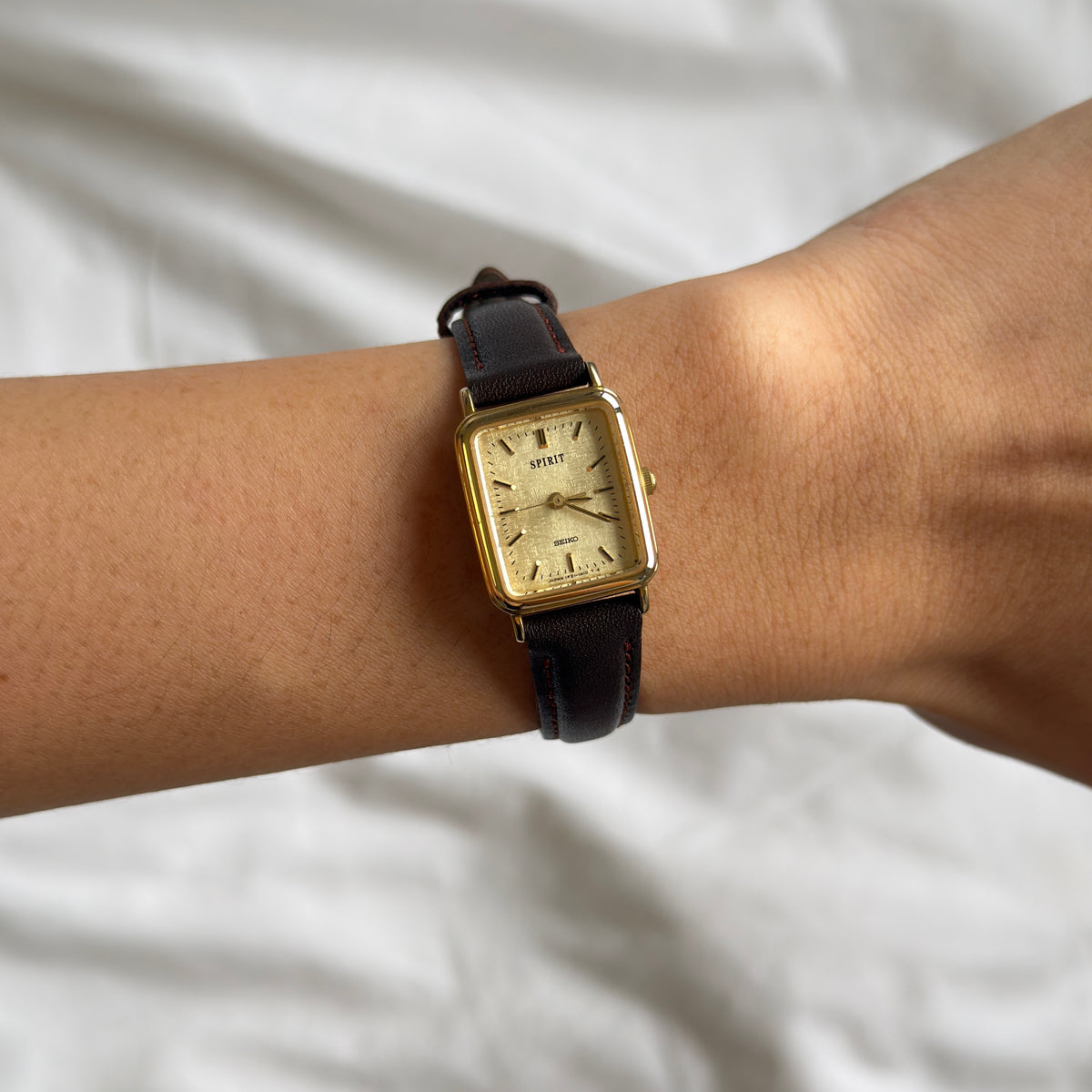 90s Seiko Spirit Gold Rectangular Brown Leather Watch