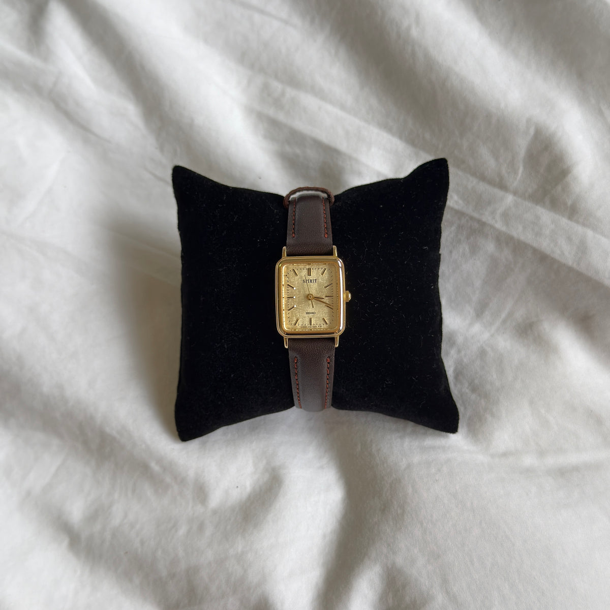 90s Seiko Spirit Gold Rectangular Brown Leather Watch