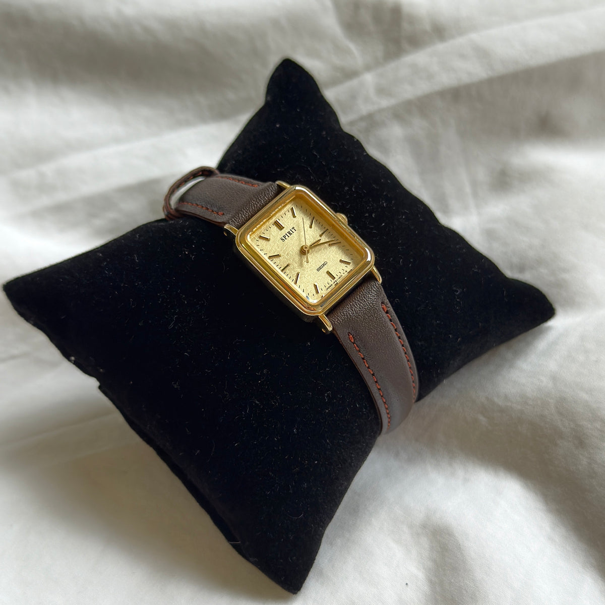90s Seiko Spirit Gold Rectangular Brown Leather Watch