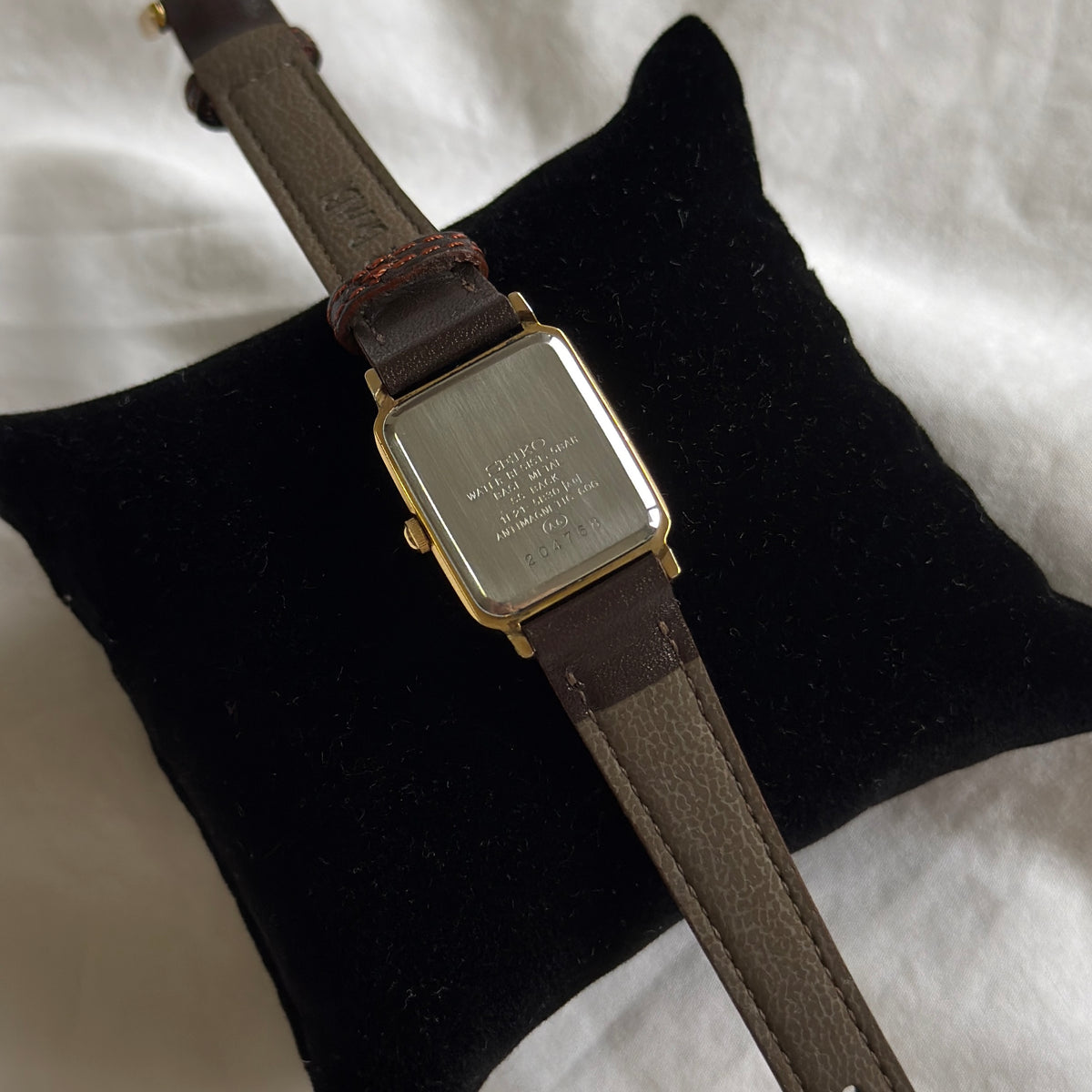 90s Seiko Spirit Gold Rectangular Brown Leather Watch