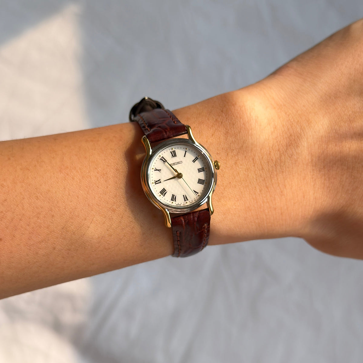 90s Seiko Duotone Round Burgundy Leather Watch