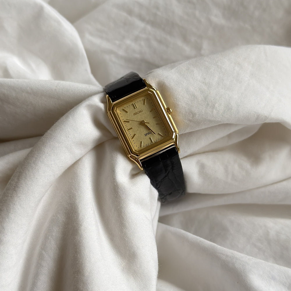 90s Seiko Spirit Gold Rectangular Leather Watch