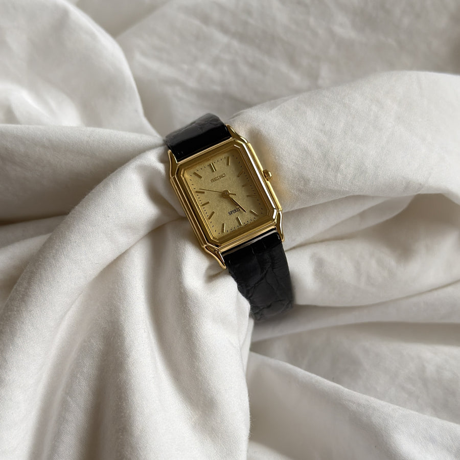 90s Seiko Spirit Gold Rectangular Leather Watch