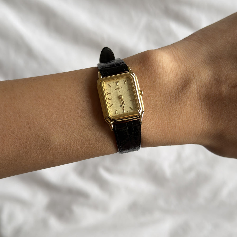 90s Seiko Spirit Gold Rectangular Leather Watch