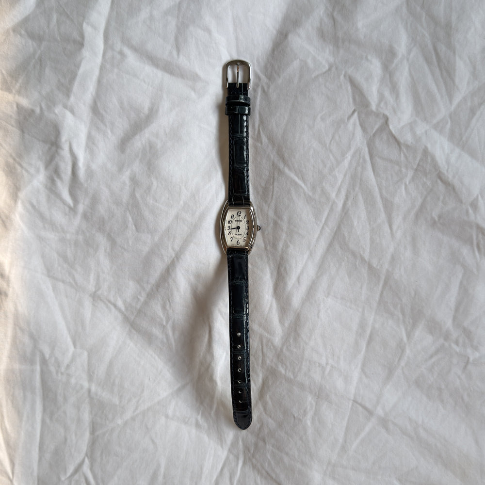 00s Seiko Exceline Silver Tonneau Leather Watch