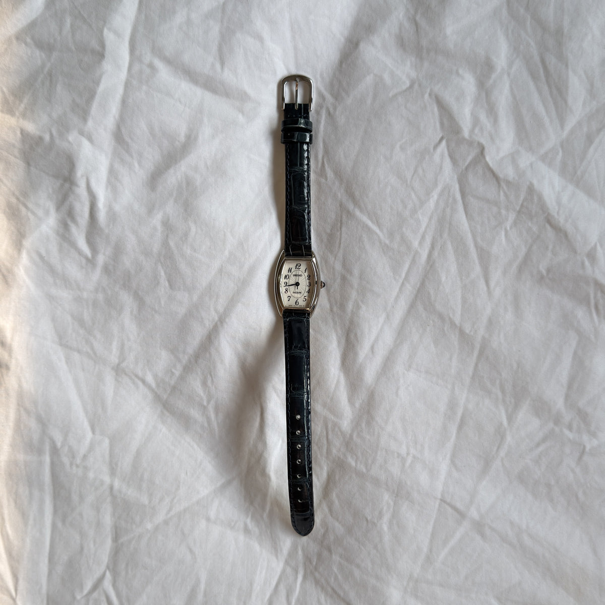 00s Seiko Exceline Silver Tonneau Leather Watch