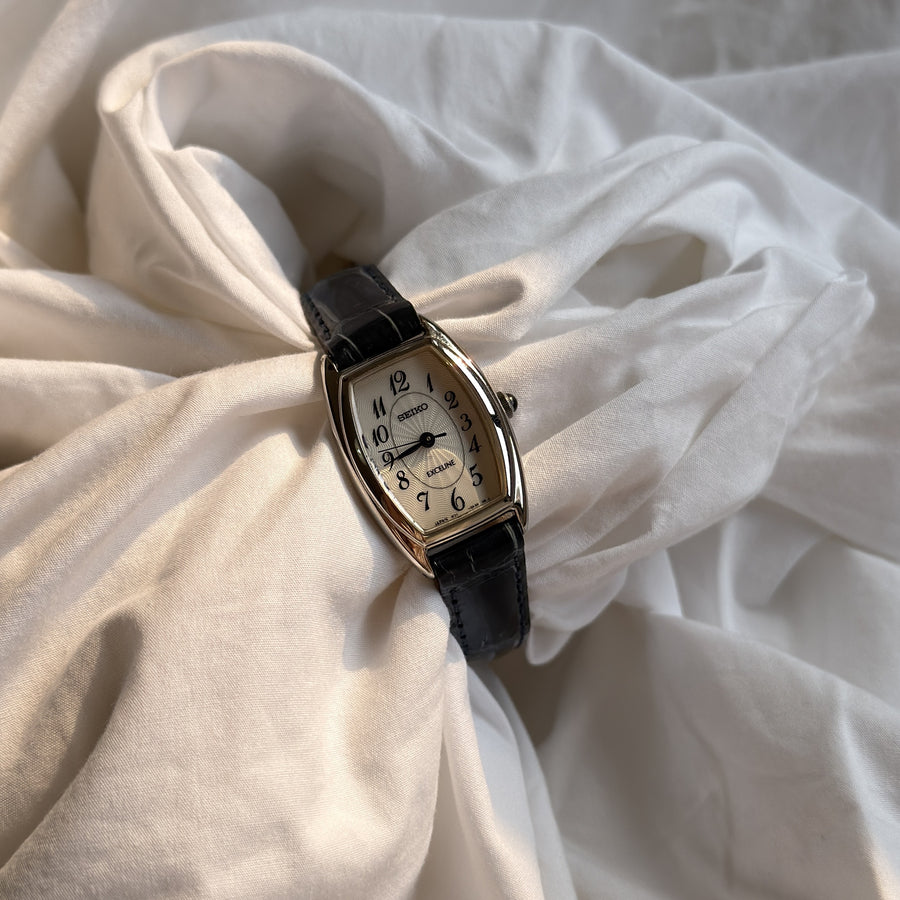 00s Seiko Exceline Silver Tonneau Leather Watch