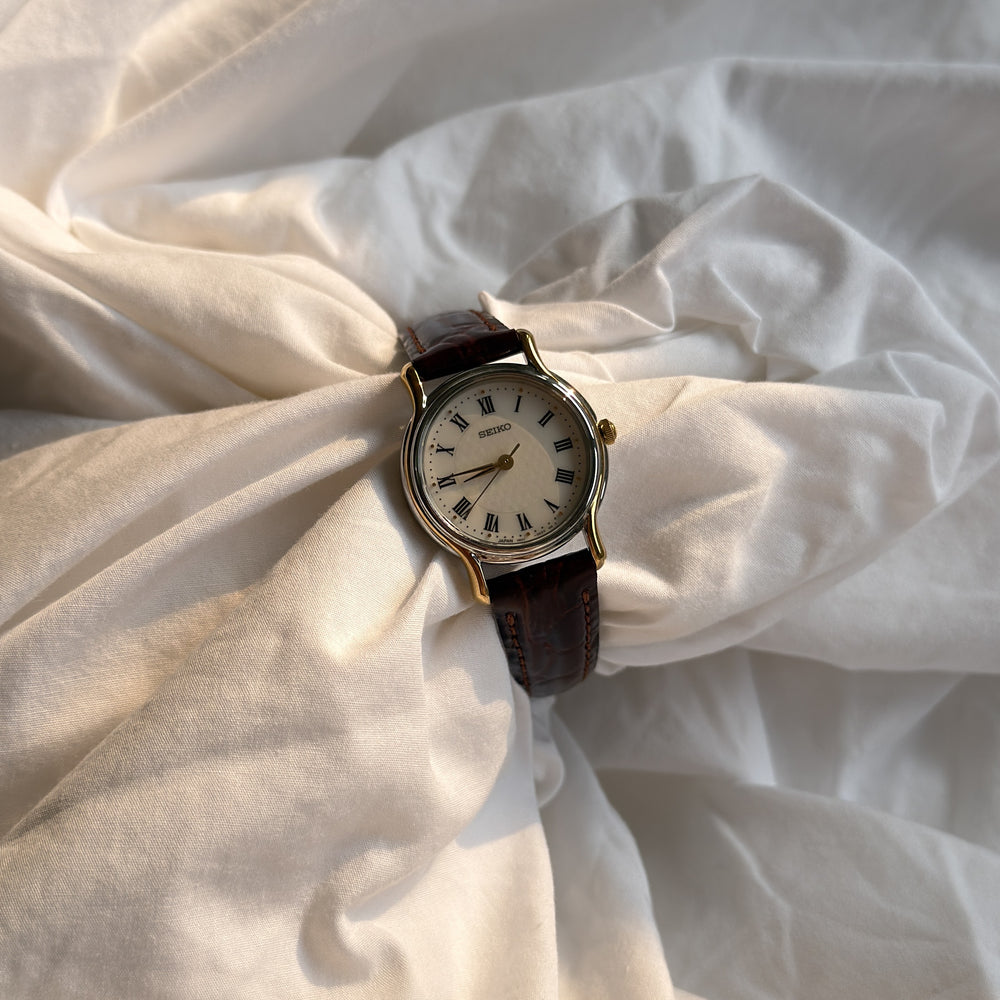 90s Seiko Duotone Round Burgundy Leather Watch