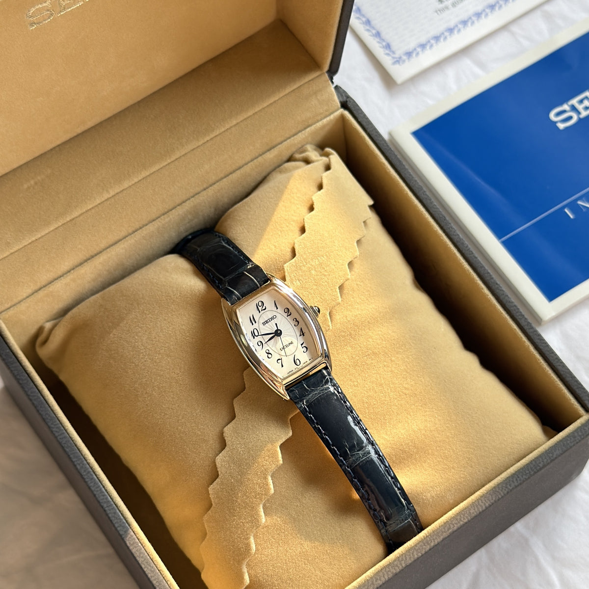 00s Seiko Exceline Silver Tonneau Leather Watch