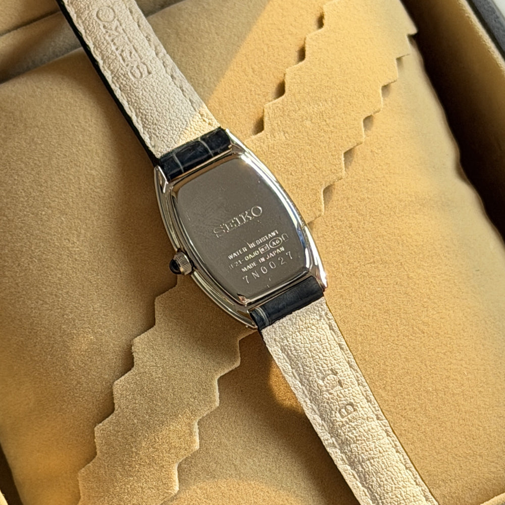 00s Seiko Exceline Silver Tonneau Leather Watch