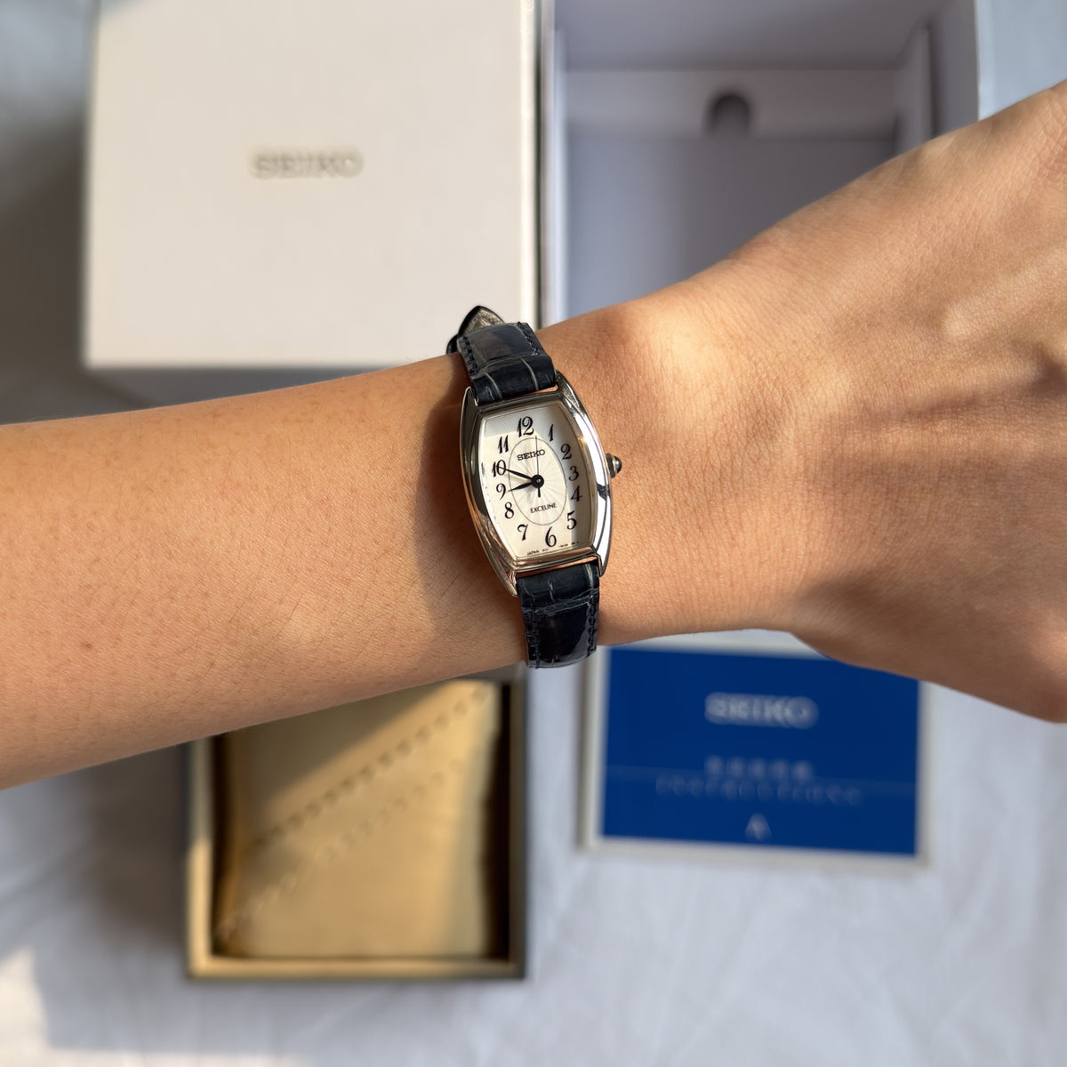 00s Seiko Exceline Silver Tonneau Leather Watch