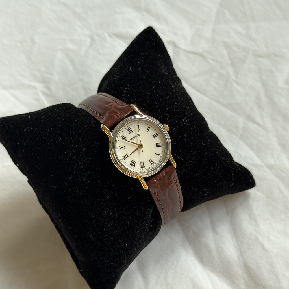 90s Seiko Duotone Round Burgundy Leather Watch
