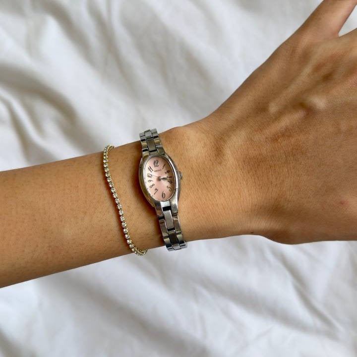 90s Seiko Silver Oval Pink Watch
