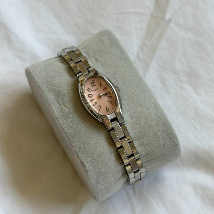 90s Seiko Silver Oval Pink Watch